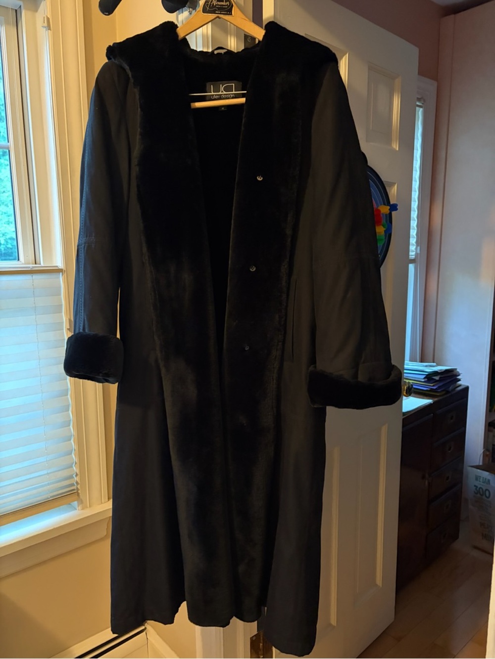 Utex Black Long Coat with Faux Fur Trim